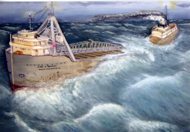 A painting of the Steamer Carl D. Bradley battling a storm on Lake Michigan on November 18, 1958.  The painting by Ken Friedrich, a former Bradley crewmember, depicts the boat breaking in half.  Only 2 of the ship’s 35 crewmembers survived the sinking. Photo Presque Isle County Historical Museum